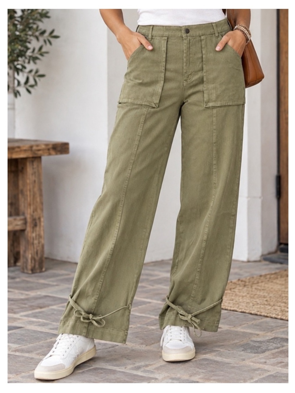 NWT DOUBLE ZERO Wide Leg Cargo Utility Pants w/Adjustable Ties at Hem - Moss